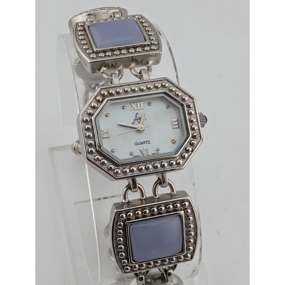 Aria Women's Purple Gemstone Silver Tone Watch MOP Dial 23-569 New Battery